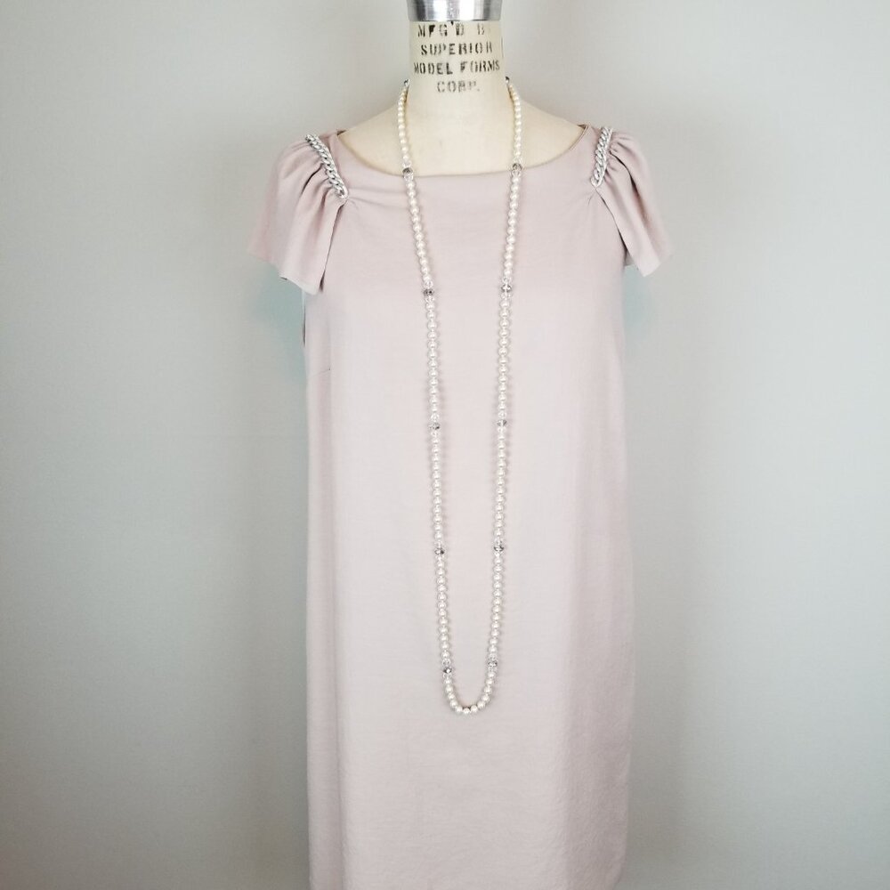 Zara Basic Blush Pink Shift Dress with Flutter Sleeves with Chain Detail Size Lg